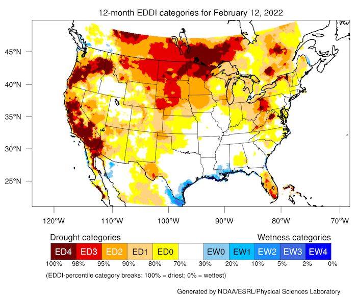12-month averaged Evaporative Demand Drought Index (EDDI) as of February 12, 2022. Areas of high EDDI are present in much of California, Nevada, Oregon, and Washington and parts of northern Idaho.