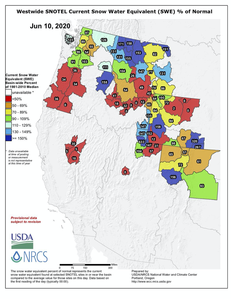 Westwide SNOTEL Current Snow Water Equivalent (SWE) % of Normal, USDA Natural Resources Conservation Service (NRCS)