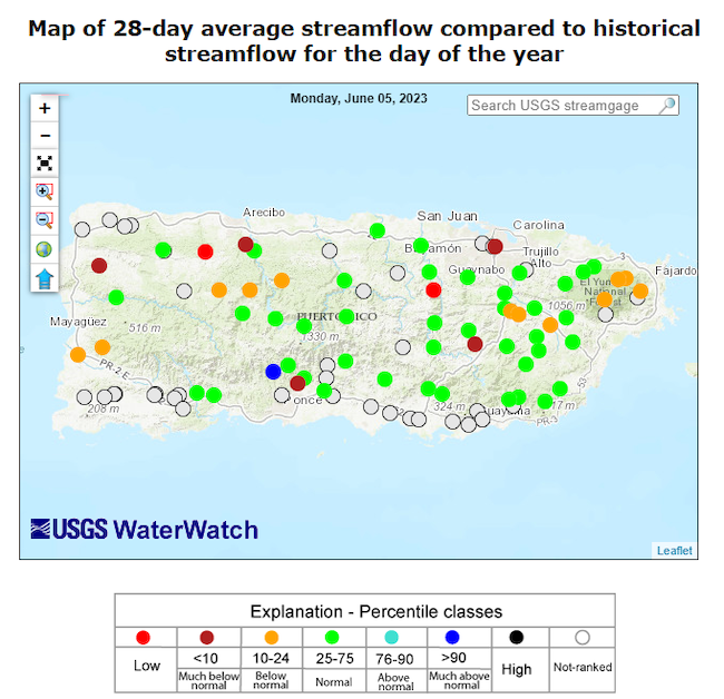 Most 28-day average streamflows across eastern Puerto Rico as well as a few spots across northwest Puerto Rico running below normal. Streamflows are near-normal elsewhere.