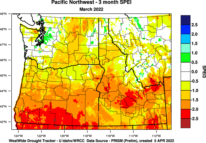 3-month Standardized Precipitation Evapotranspiration Index (SPEI) for the Pacific Northwest as of April 5, 2022. The SPEI shows the severity of drought across southern and central Oregon and Idaho