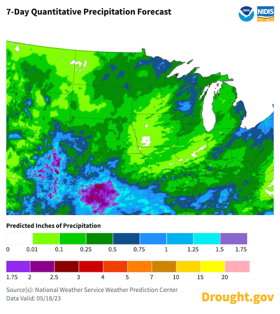 The 7-day precipitation forecast  shows the possibility of a few inches of rainfall in southern Kansas. However, many of the dry areas are not expected to get significant rain.