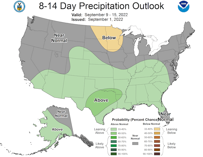 The 8-14 day precipitation outlook for September 9-15 favors below-normal precipitation for parts of Minnesota and the Dakotas, with near- or above-normal precipitation elsewhere.