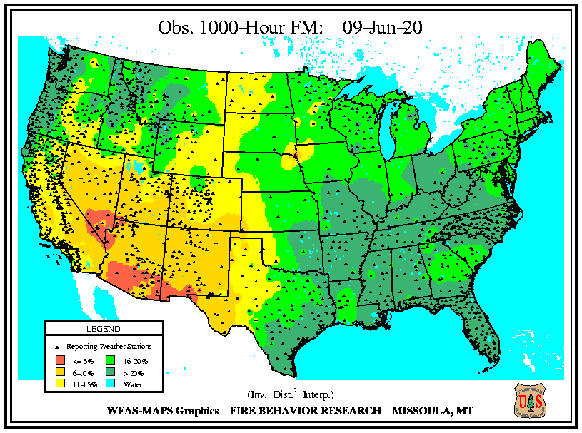 National Fire Danger Rating System Dead Fuel Moisture, 1000-h, 3 to 8" diameter, USFS Wildland Fire Assessment System