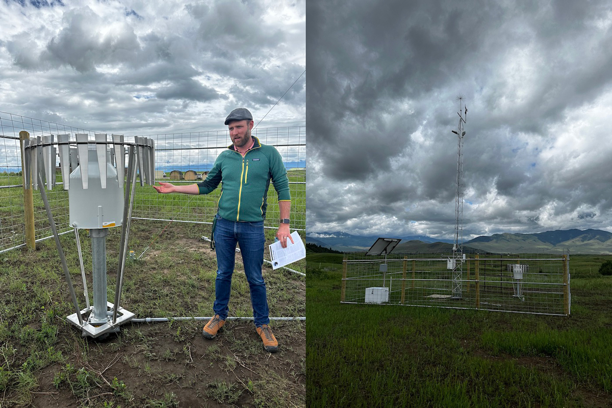 Two close ups of the new mesonet station, which was installed on the CSKT Bison Range in Montana. Kyle Bocinsky, from the Montana Climate Office, stands next to the mesonet station.