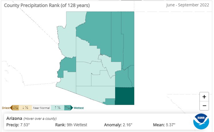 Statewide, this June–September was the 9th wettest on record for Arizona, with precipitation 2.16 inches below normal.