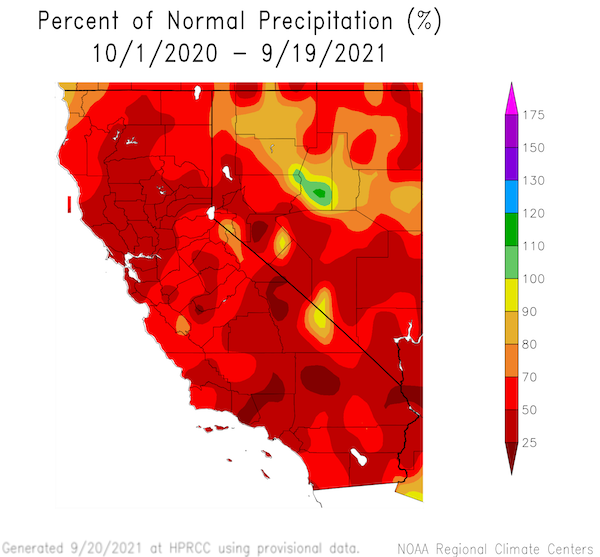 Percent of normal precipitation for California and Nevada for the Water Year to date, from October 1, 2020 to September 19, 2021.  CA-NV has been extremely below normal precipitation since the start of the water year. 