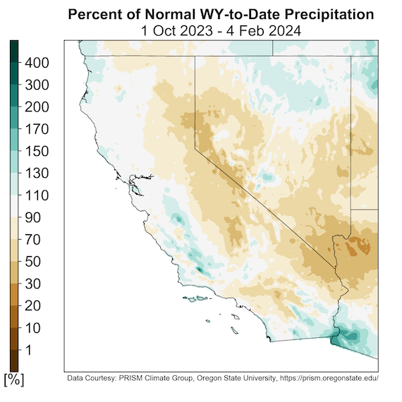 The top panel shows the percent of water year to date precipitation from October 1, 2023 through February 4, 2024. Most areas of California-Nevada had near or below normal precipitation.