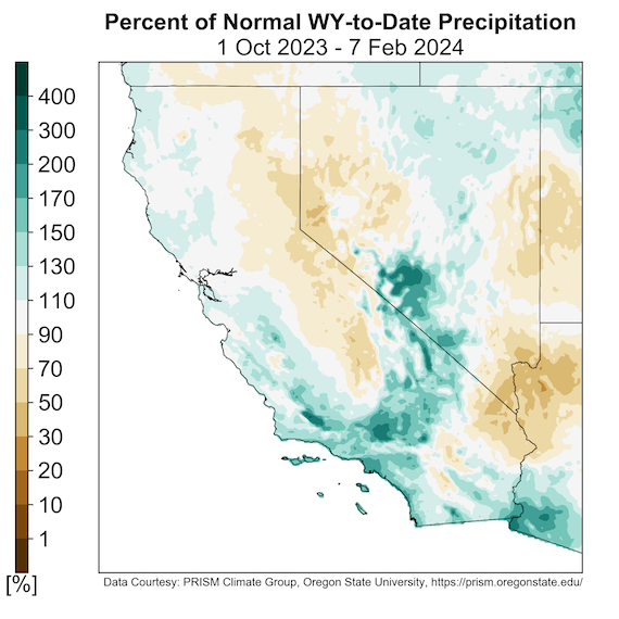  The bottom panel shows the percent of water year to date precipitation from October 1, 2023 through February 7, 2024. After February 7, there is a lot more green, indicating above average precipitation for this time of year, throughout the region, especially in coastal southern California and penetrating inland to southwestern Nevada. 