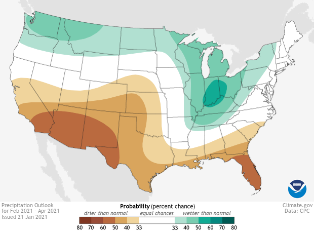 February to April 2021 precipitation outlook for the U.S., from Climate.gov with data from NOAA's Climate Prediction Center. There is a greater probability of below-normal precipitation across Florida and southern parts of Alabama, Georgia, South Carolina, and North Carolina. Other areas in the Southeast have equal chances of above, below, or normal precipitation.
