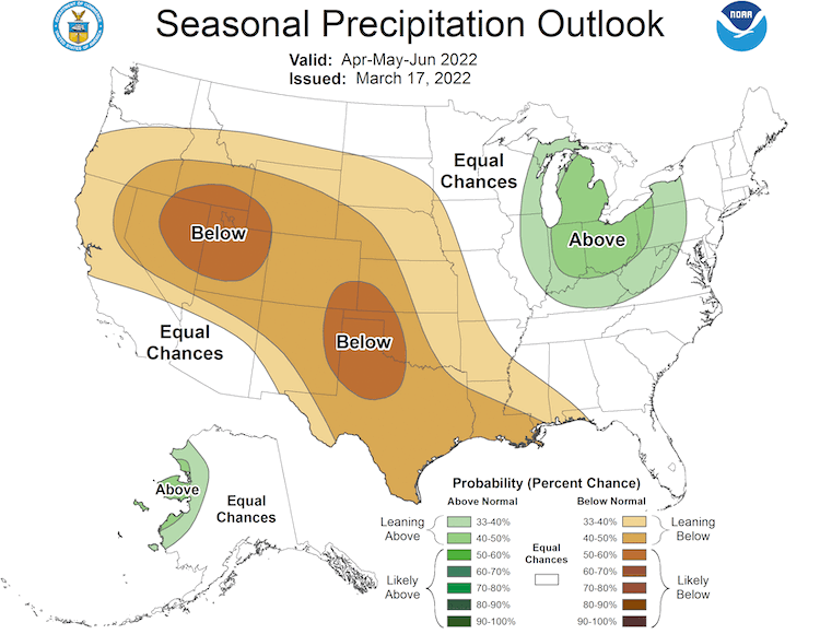 Climate Prediction Center three-month precipitation outlook for April to June 2022, showing the probability of above-normal, below-normal, or near-normal conditions. dds favor below normal precipitation for mosttmost of the Intermountain West, with equal chances in southern Arizona and southwestern New Mexico.