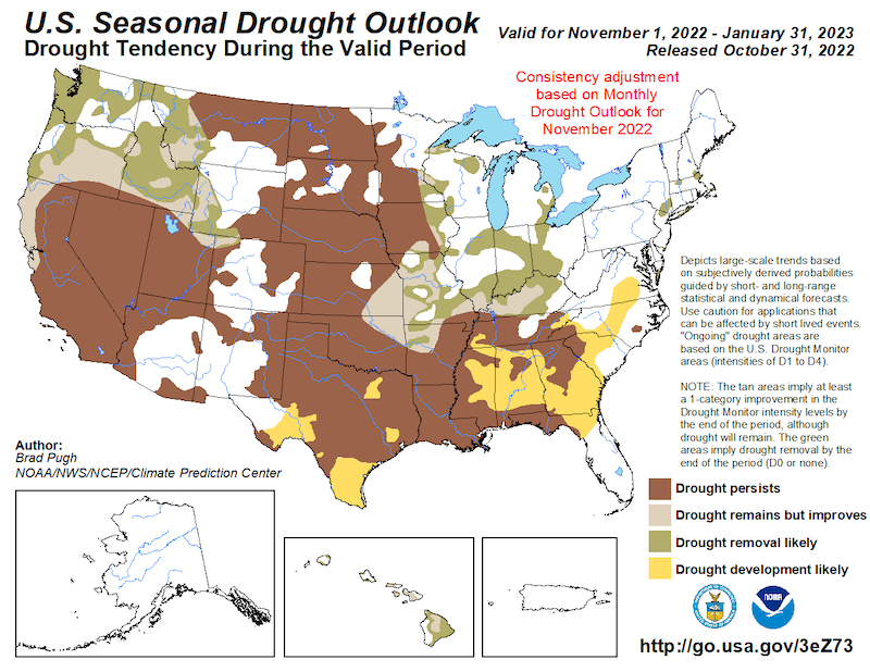 From November 1 to January 31, drought is expected to persist where it already exists in the Intermountain West, with improvement predicted for northeastern Utah, northwestern Colorado, and western Wyoming.