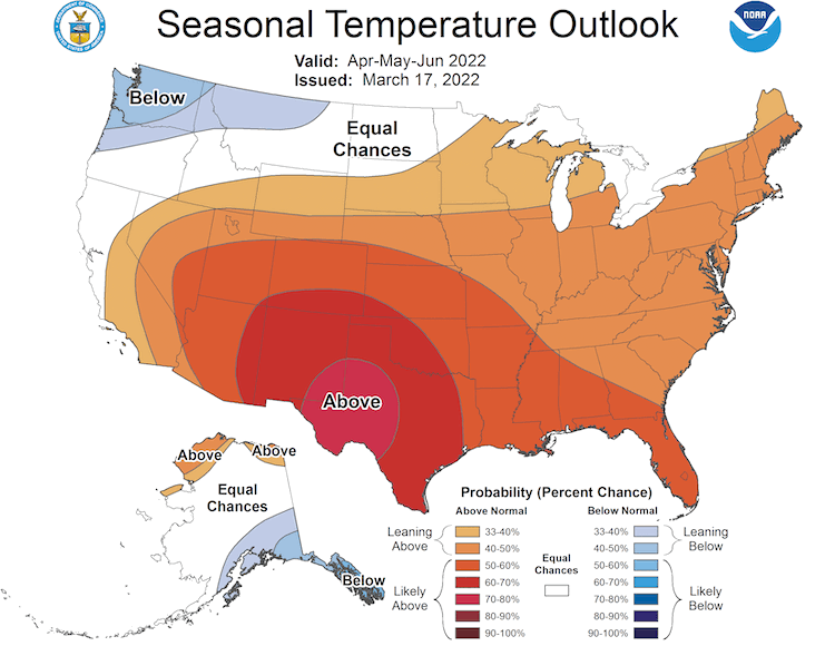 Climate Prediction Center 3-month temperature outlook, valid forApril–June 2022. Odds favor above normal temperatures for the Intermountain West states.