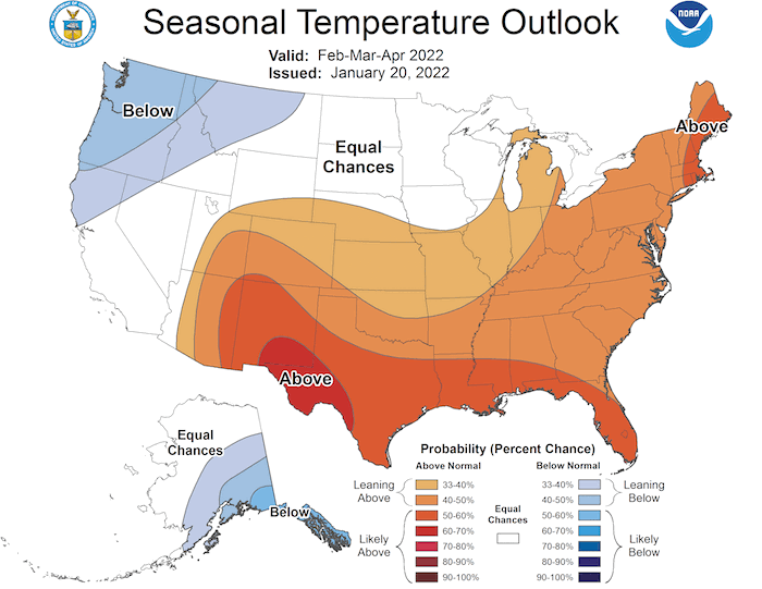 Climate Prediction Center 3-month temperature outlook, showing the probability of exceeding the median temperature from February to April 2022. Odds favor above-normal temperatures for the southern U.S., including New Mexico and parts of Arizona.  