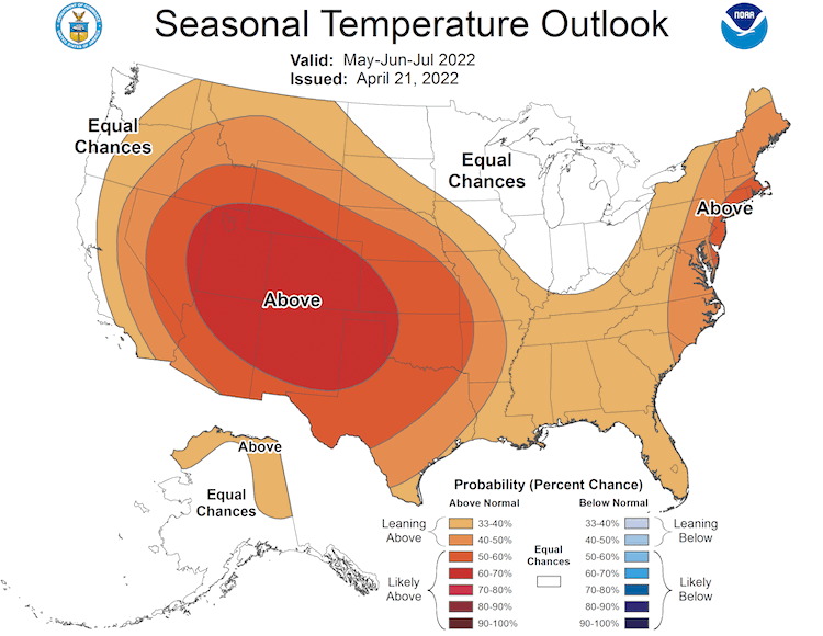 Climate Prediction Center 3-month temperature outlook, valid for May–July 2022. Odds favor above normal temperatures for most of the Intermountain West states.