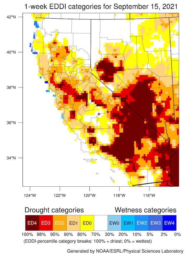 A California Nevada map of current Evaporative Demand Drought Index (EDDI) from September 15, 2021 over the last 1 week.  Much of California is showing the driest EDDI percentile category throughout the state. 