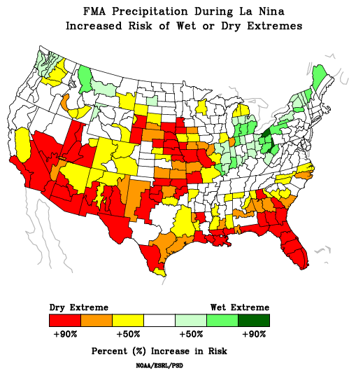 Risk of wet or dry extremes from the historical composite of February through April La Ninas or the continental US. Extreme dry conditions are likely for much of the Southwest and Florida. 