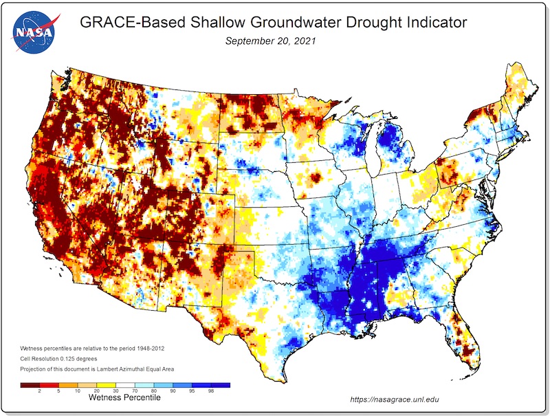 NASA GRACE-Based Shallow Groundwater Drought Indicator released September 20, 2021. Shallow groundwater is still in the driest 10th percentile or lower across most of the region 