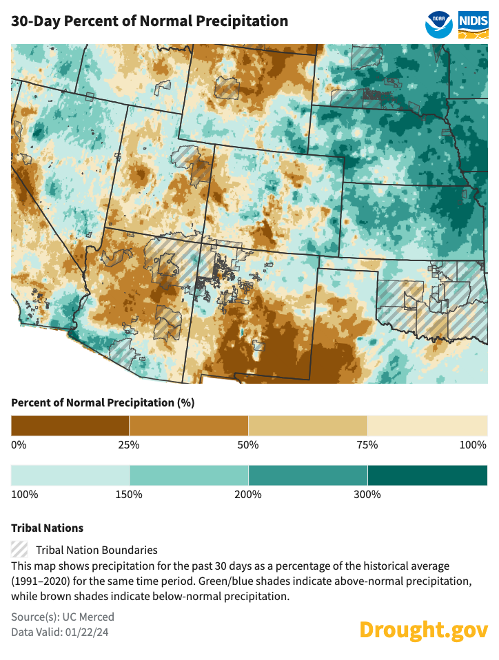 Intermountain West states’ 30-day percent of normal precipitation as of January, 22,2024, showing 0-50% below normal precipitation for much of southern, southeastern and central regions of New Mexico; and between 0-25% below normal for central Arizona. Much of Utah was between 25-50% of normal, along with portions of south central and southwest Colorado. 