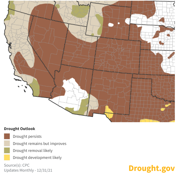A map of the southwestern United States showing the probability drought conditions persisting, improving, or developing from January 1 to March 31, 2022. Current drought conditions over the western U.S. are forecast to persist.