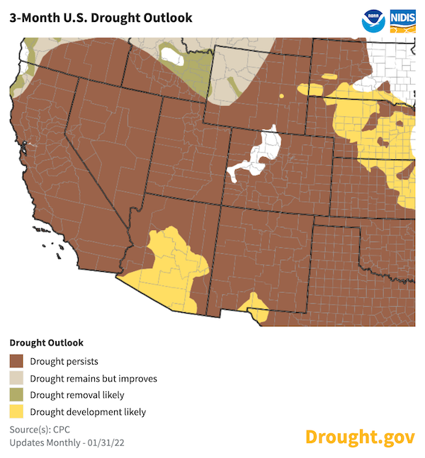 A map of the southwestern United States showing the probability drought conditions persisting, improving, or developing from January 20 to April 30, 2022. Current drought conditions over the western U.S. are forecast to persist or develop.