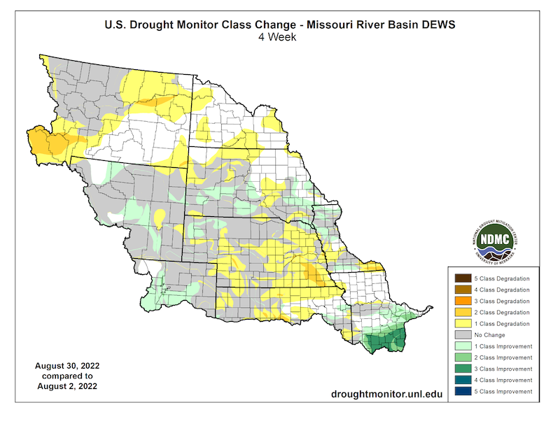 From August 2 to 30, 2022, there have been pockets of drought intensification across Nebraska, Montana, Kansas and South Dakota, with conditions improving or remaining the same elsewhere.