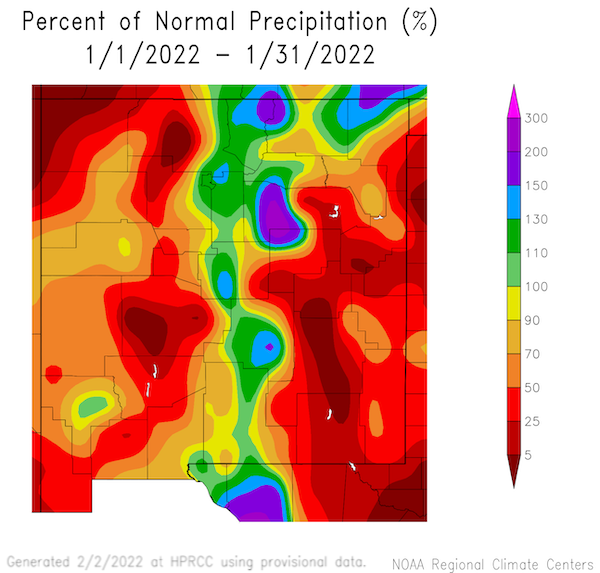 Percent of normal precipitation for New Mexico from January 1 to 31, 2022. Central new mexico saw above normal precipitation in January 2022. Both eastern and western New Mexico had a precipitation deficit.
