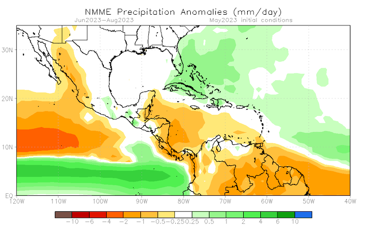 For June to August 2023, near to slight above normal precipitation is forecast for the U.S. Virgin Islands and Puerto Rico.