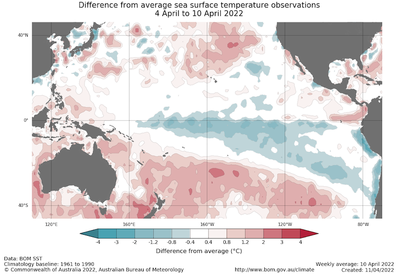 ap of the Pacific Ocean showing sea surface temperature anomalies (in degrees Celsius) for April 4-10, 2022. A pool of cool water lingers in the central equatorial pacific, consistent with a la Niña pattern.