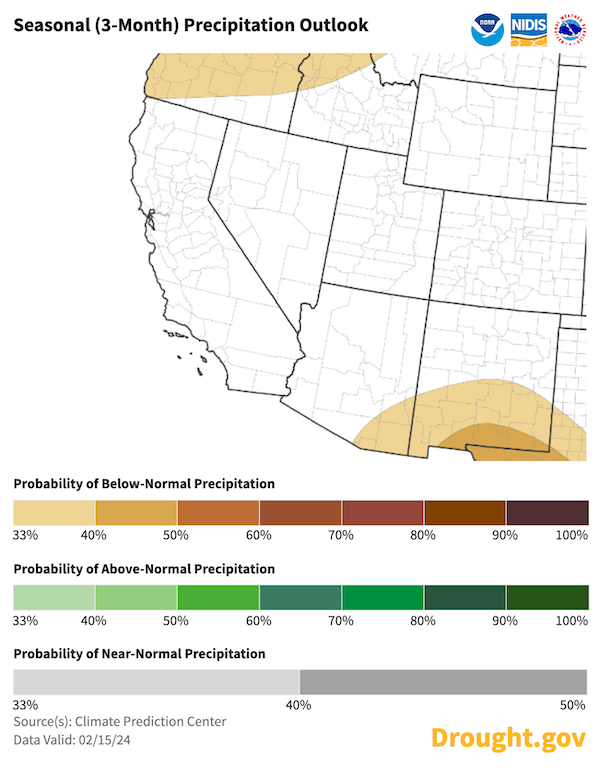 Seasonal forecasts favor above normal precipitation in Southern California-Nevada through Spring and equal chances of above, below, or normal conditions in much of the Southwestern U.S. 