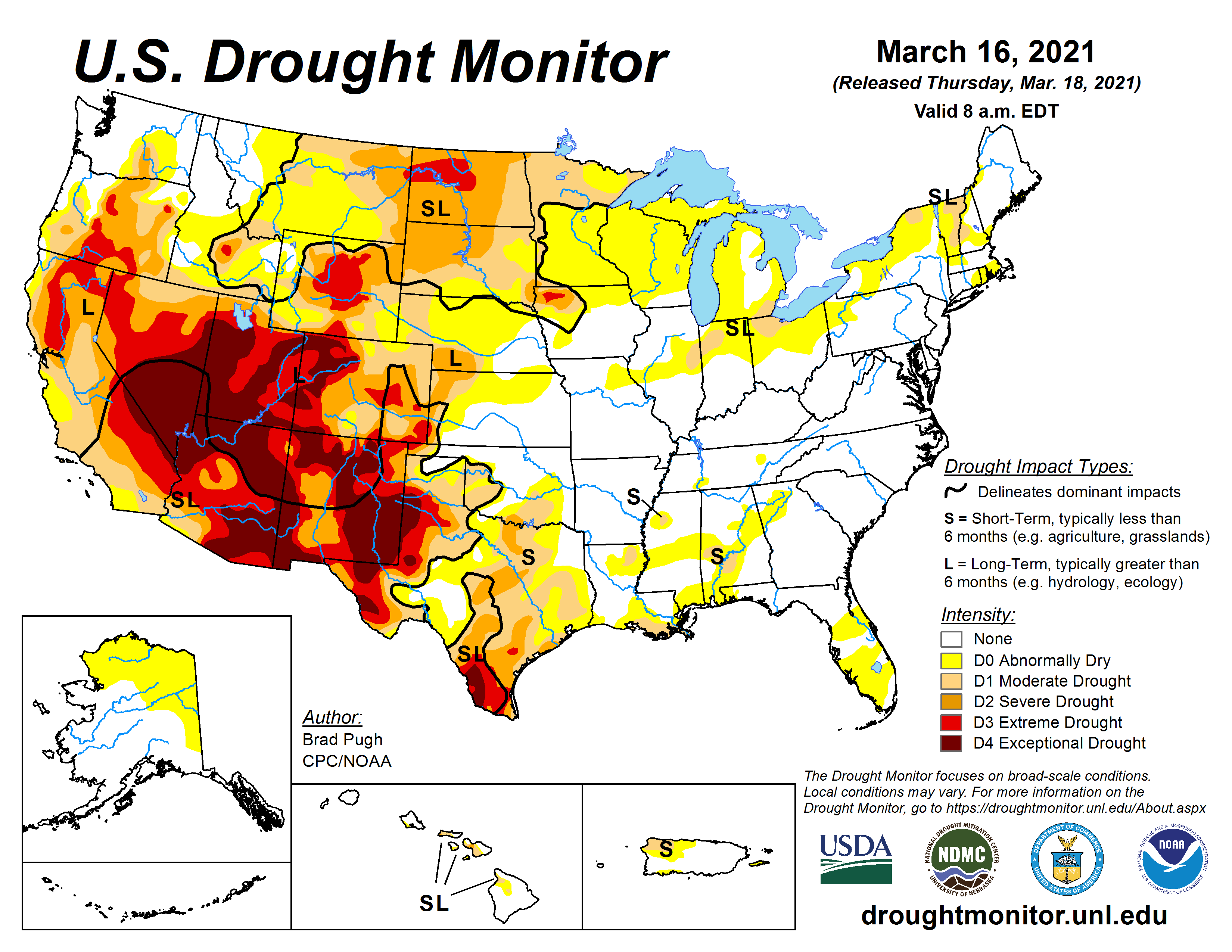 U.S. Drought Monitor map for the U.S. and Puerto Rico as of March 16, 2021. Conditions in the Central Plains improved, but the Northern Plains worsened since December 22, 2020. Conditions in the West slightly improved but are still dire.