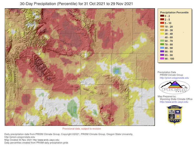 30-day percent of normal precipitation for Wyoming, from November 1 to 30, 2021.