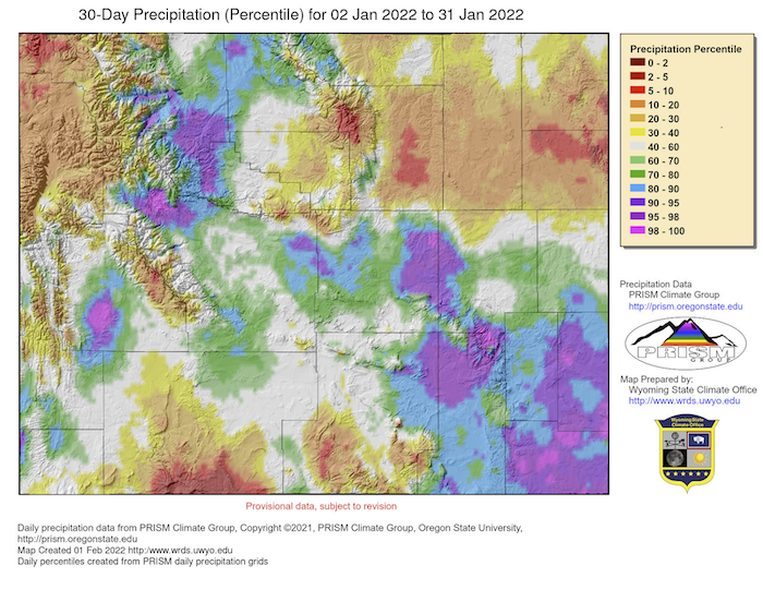 30-day percent of normal precipitation for Wyoming, from January 2 to January 31, 2022.