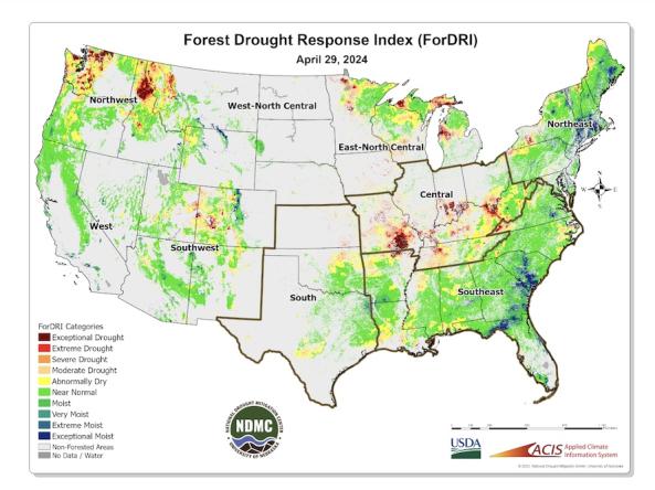 Example ForDRI map showing forest stress across the continental U.S.
