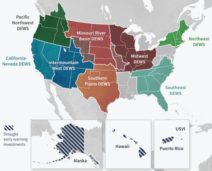 Map of all 8 DEWS regions in the United States, as well as other investment areas