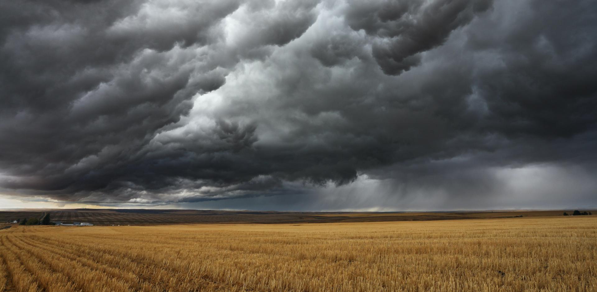 Dark clouds from a thunderstorm above an open field