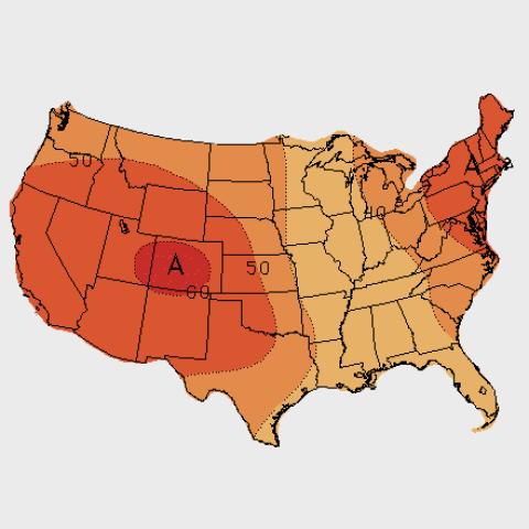 Climate Prediction Center map of the U.S. showing projected temperatures