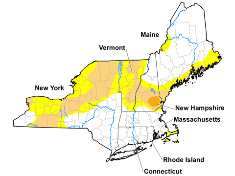 U.S. Drought Monitor map of the Northeast. Valid December 15, 2020. Shows moderate drought in parts of Maine, New Hampshire, New York, and Vermont, as well as some severe drought in southeastern New Hampshire.