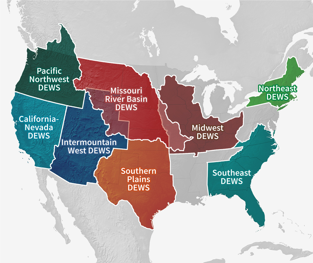 Map of all 8 DEWS regions in the United States