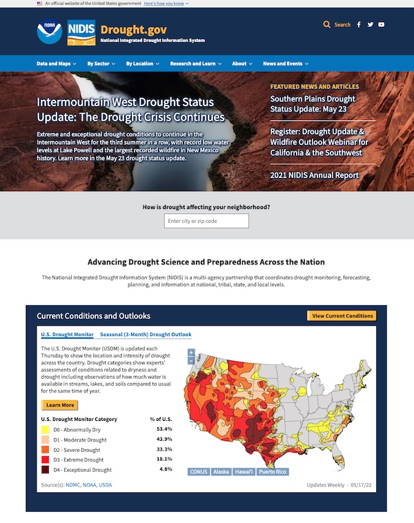 Home page of Drought.gov, with a photo of the Colorado River and a U.S. Drought Monitor map