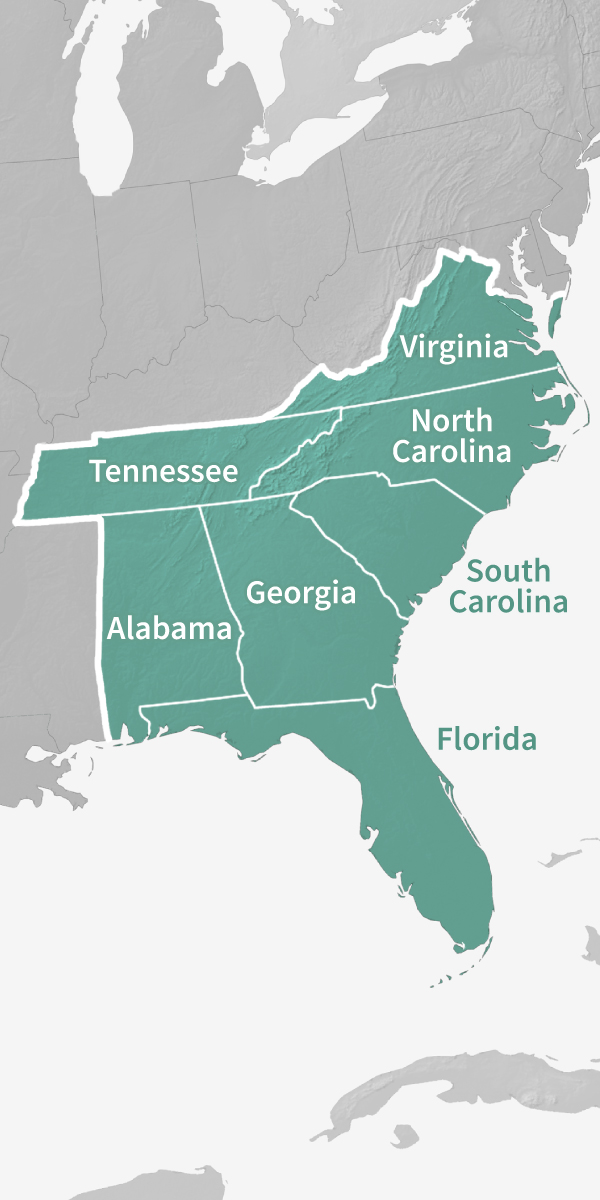 The Southeast DEWS includes Alabama, Florida, Georgia, North Carolina, South Carolina, Virginia, and Tennessee.
