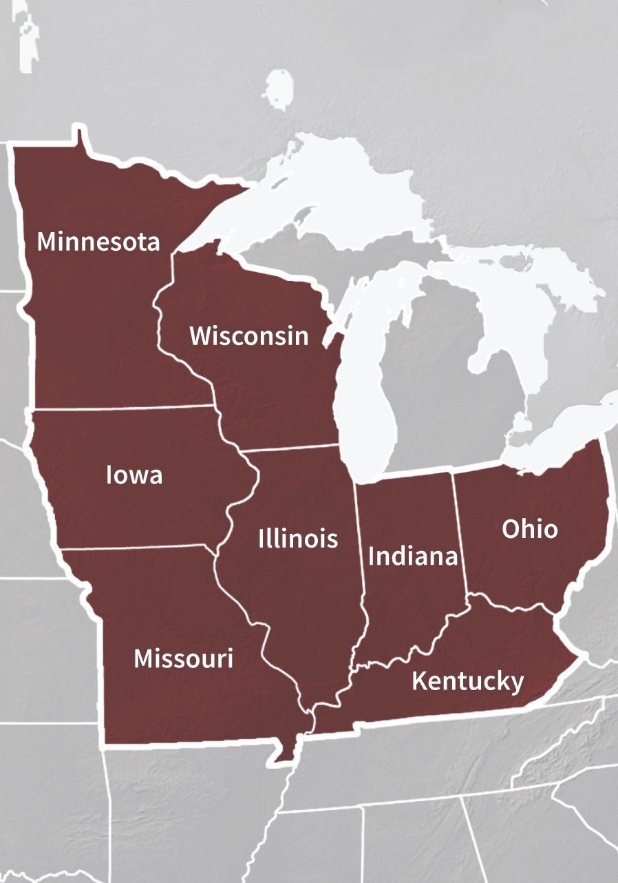 Midwest DEWS region map with individual states highlighted: Illinois, Indiana, Iowa, Kentucky, Minnesota, Missouri, Ohio, and Wisconsin.