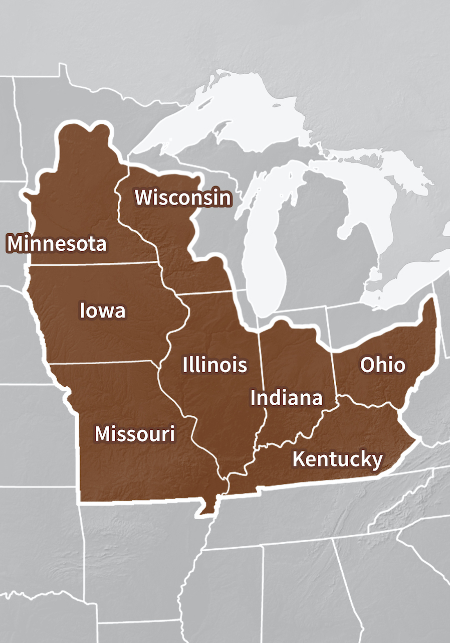 Midwest DEWS region map with individual states highlighted: Illinois, Indiana, Iowa, Kentucky, Minnesota, Missouri, Ohio, and Wisconsin.