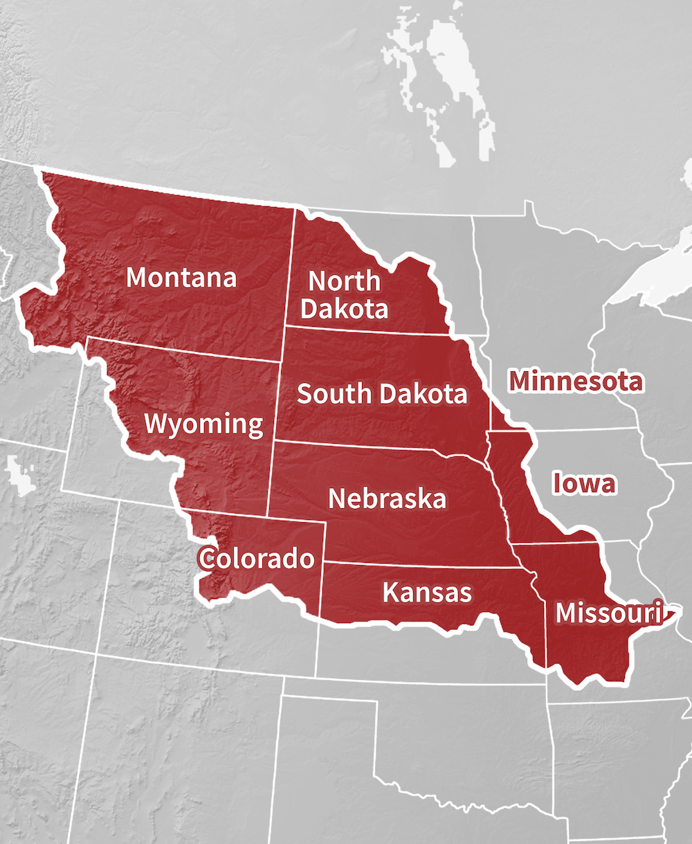 Missouri River Basin DEWS region map with individual states highlighted: all of Montana, Nebraska, and South Dakota, and parts of Colorado, Iowa, Kansas, Missouri, Minnesota, North Dakota, and Wyoming