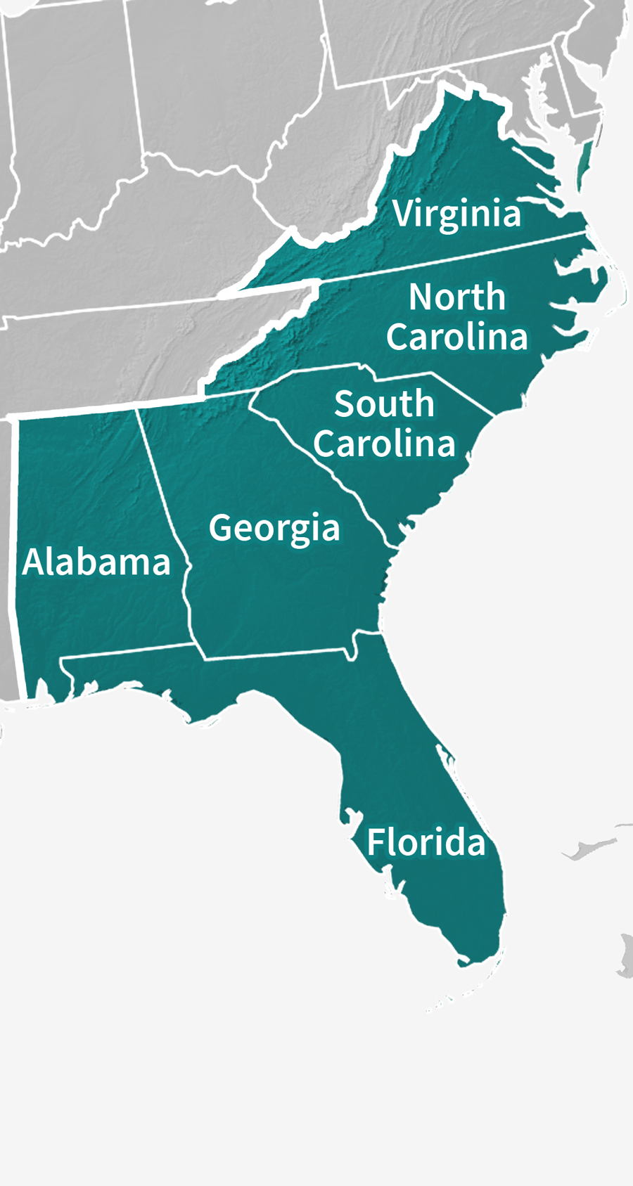 Map of the Southeast DEWS, which includes Alabama, Florida, Georgia, North Carolina, South Carolina, and Virginia