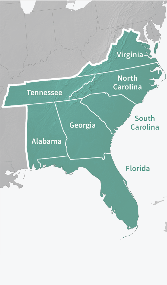The Southeast DEWS includes Alabama, Florida, Georgia, North Carolina, South Carolina, Virginia, and Tennessee