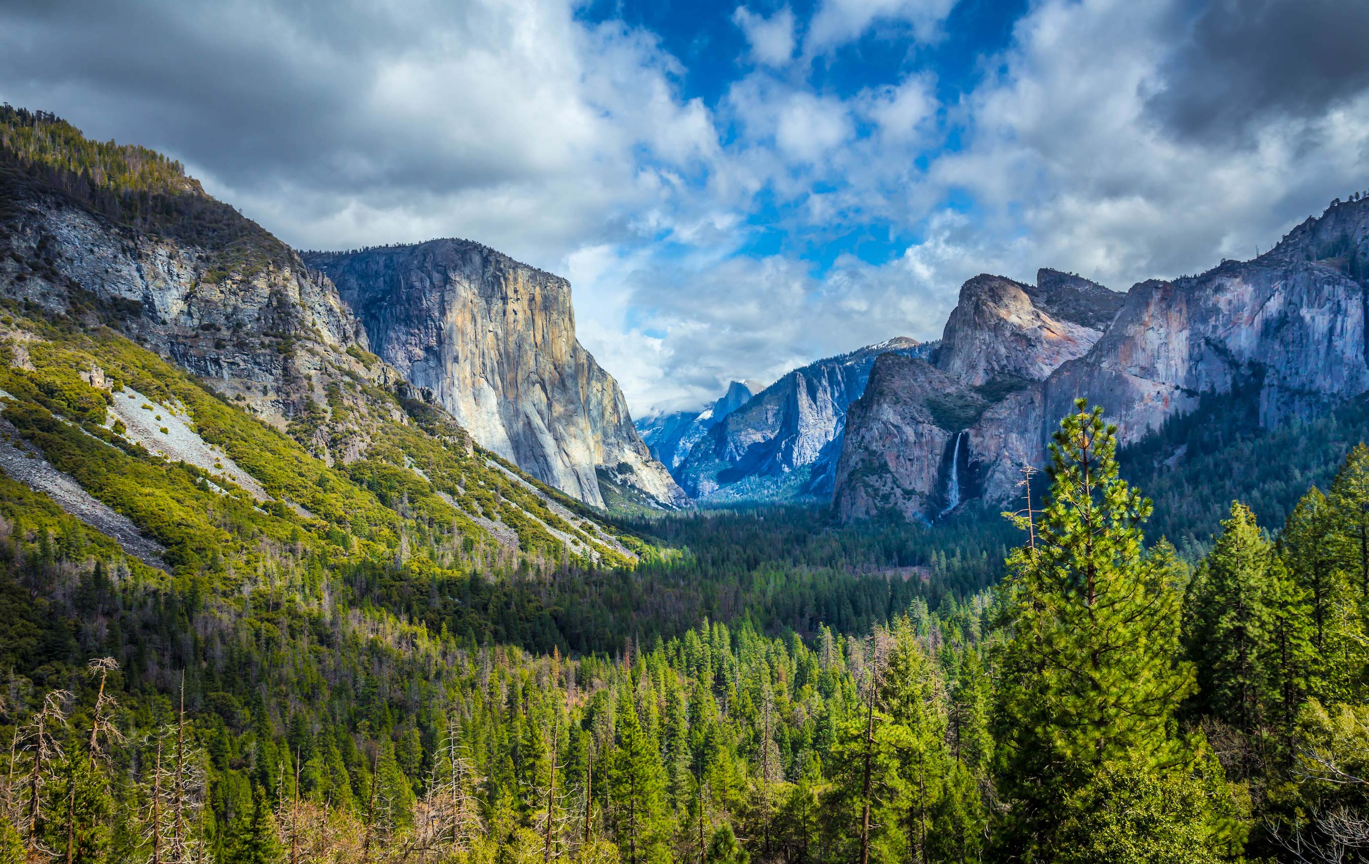 Yosemite Valley with clouds in the sky.