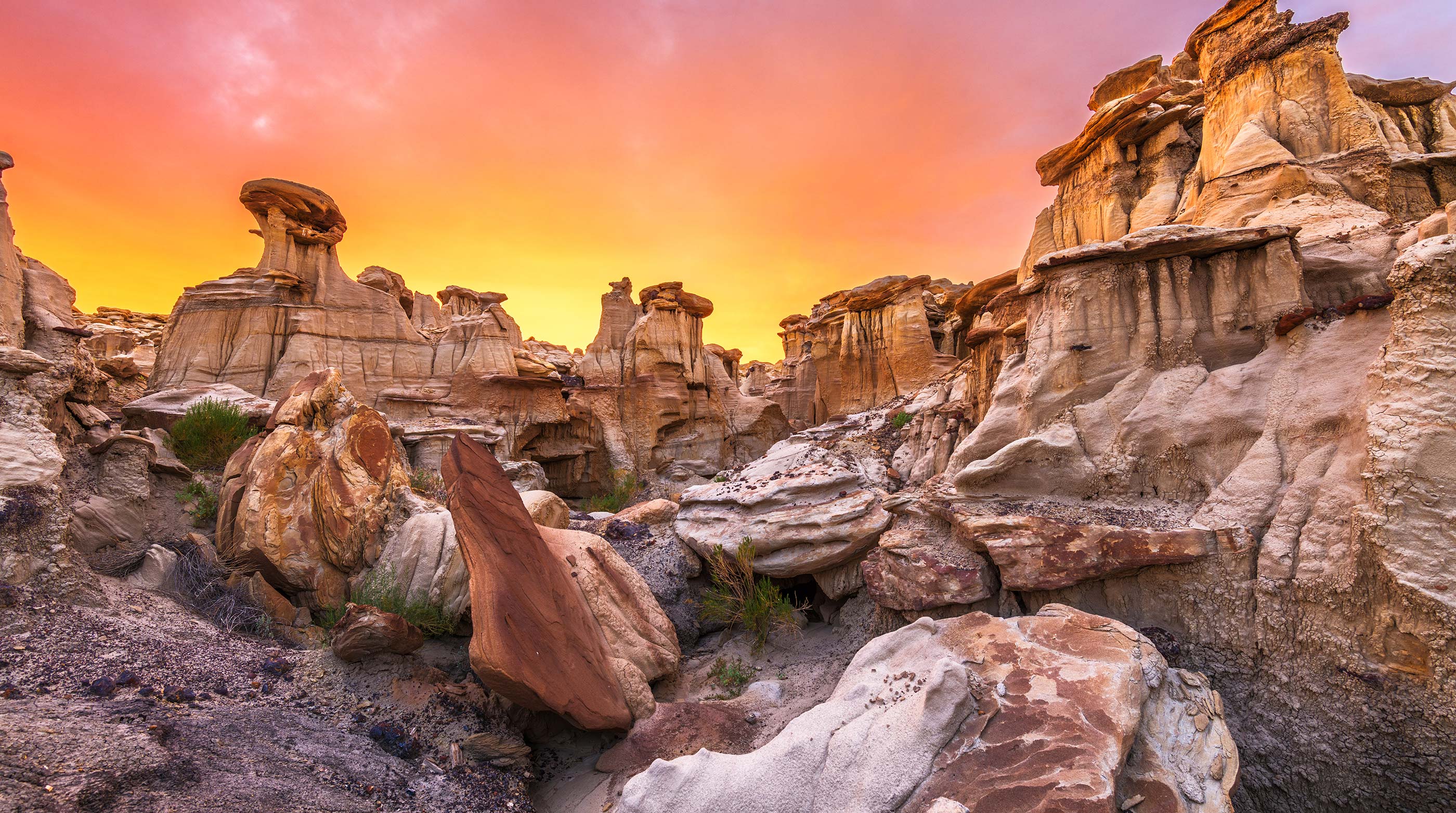 Rock formations in the Bisti/De-Na-Zin Wilderness in New Mexico at sunset.