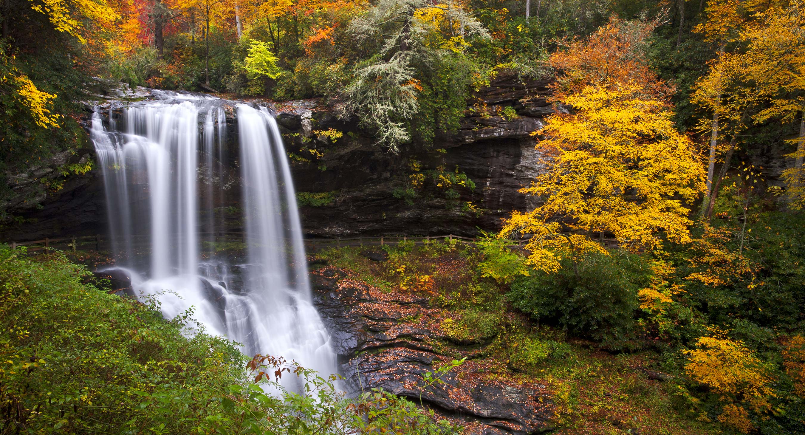 A waterfall and fall foliage at Cullasaja Gorge in the Blue Ridge Mountains.