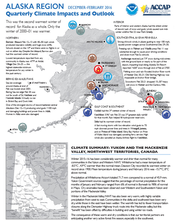 First page of outlook on Quarterly Climate Impacts for Alaska, March 2016 showing map of Alaska with text