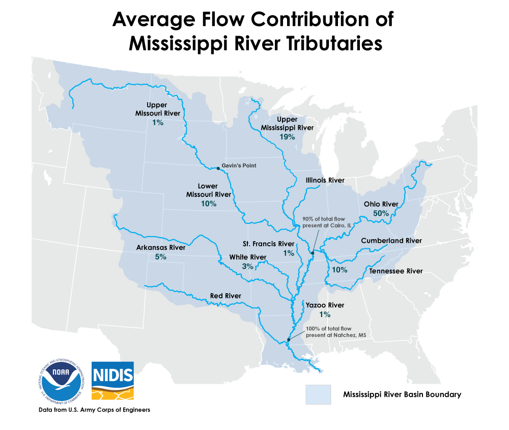 Contribution of specific rivers to the overall water flow in the Mississippi. 